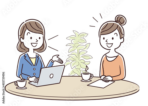 ベクターイラスト素材：女性スタッフから説明を受ける若い女性
