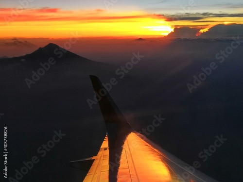 Landscape, airplane, sunrise, airplane wing, Puerto Escondido, Oaxaca, Sun