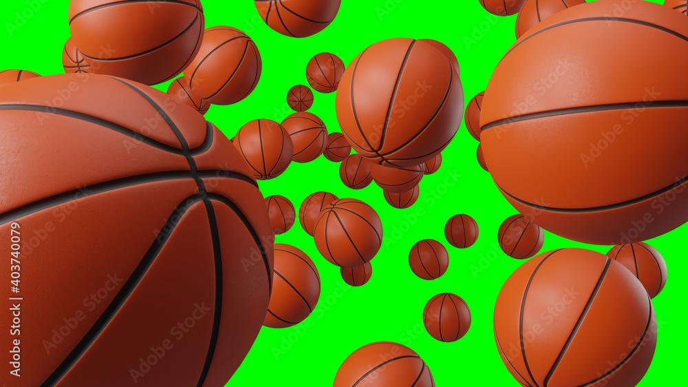 Many basketball balls on green chroma key.
Abstract 3d illustration for background.

