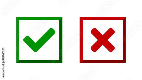 Yes and No or Right and Wrong or Approved and Declined Icons with Check Mark and X Signs with Shadow in Green and Red Squares with Rounded Corners. Vector Image.