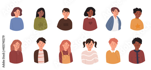 Set of children avatars. Bundle of smiling faces of teen boys and girls with different hairstyles, skin colors, ethnicities. Junior pupil userpic. Kids portrait. Vector illustration isolated on white.