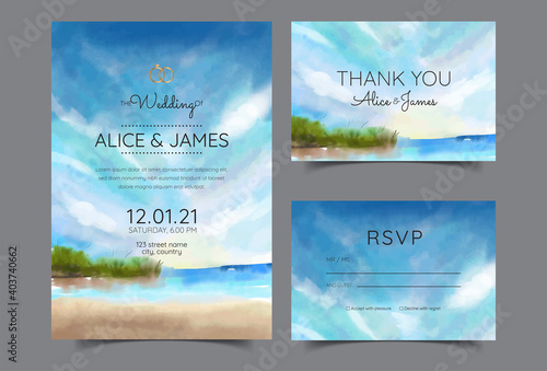 wedding cards, invitation. sea style design. Romantic beach wedding summer background