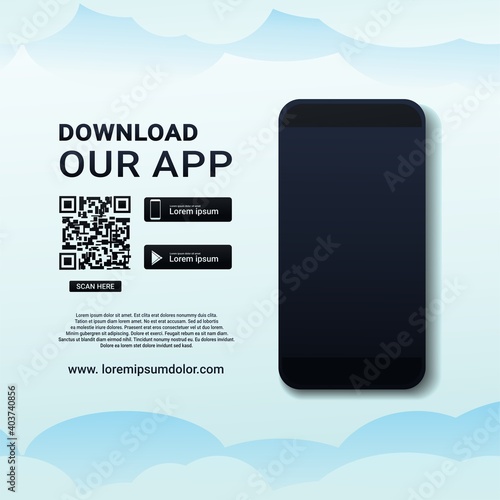 Download our app. Download page of  the mobile app. Ad page to download new app. Blank smartphone screen for app. Illustration vector