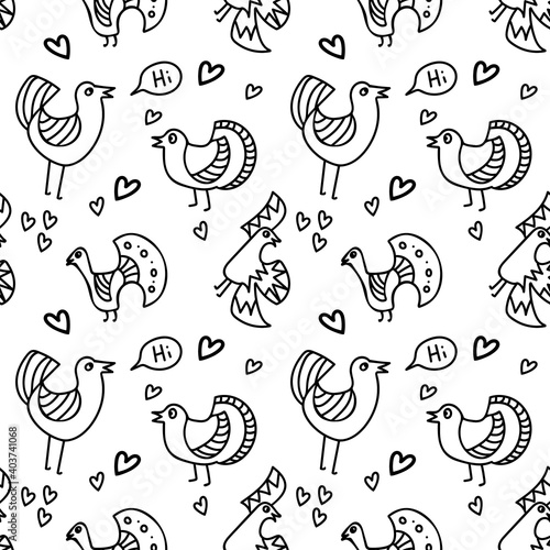 Vector seamless pattern with doodle- styled birds, hearts and other detailes. Black outlines, white background. For fabrics, paper and other surfaces