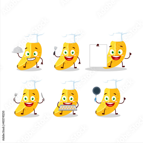 Cartoon character of banana with various chef emoticons