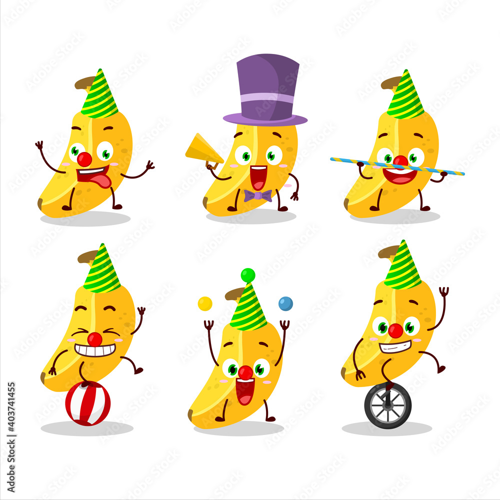 Cartoon character of banana with various circus shows