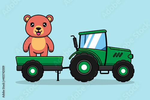 Cute bear  with green tractor