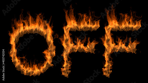 3D illustration of word off text on fire with alpha layer