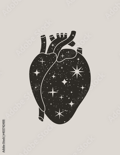 Mystic Black Heart in a Trendy Boho Style. Vector Silhouette Anatomical Heart with Stars for print on wall, t-shirt, tattoo, social media post and stories