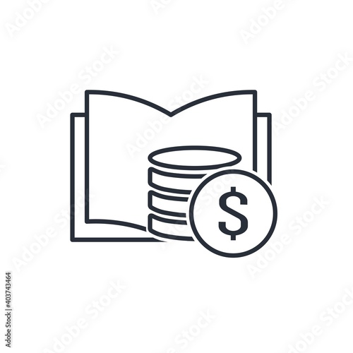 Book and stack of coins. Financial literacy, education. Vector linear icon isolated on white background.