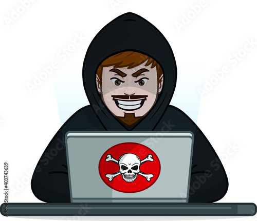 black hoodie hacker making a cyber attack on laptop and laughing evil. vector comic avatar skull.