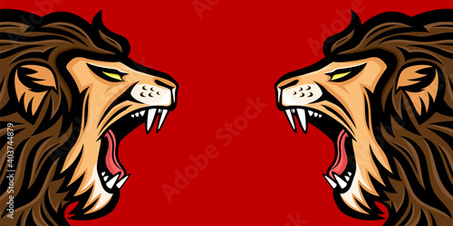 Two angry roaring lions on a red background.