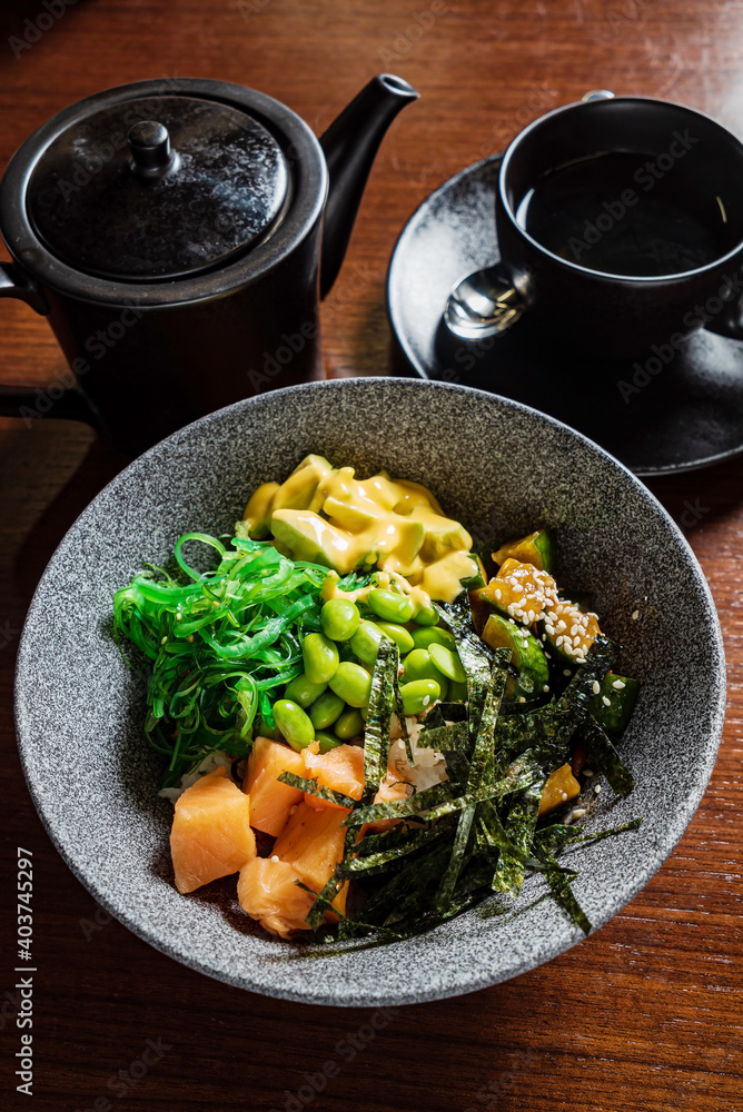 buddha bowl with fish and seaweed buddha bowl with fish and seaweed