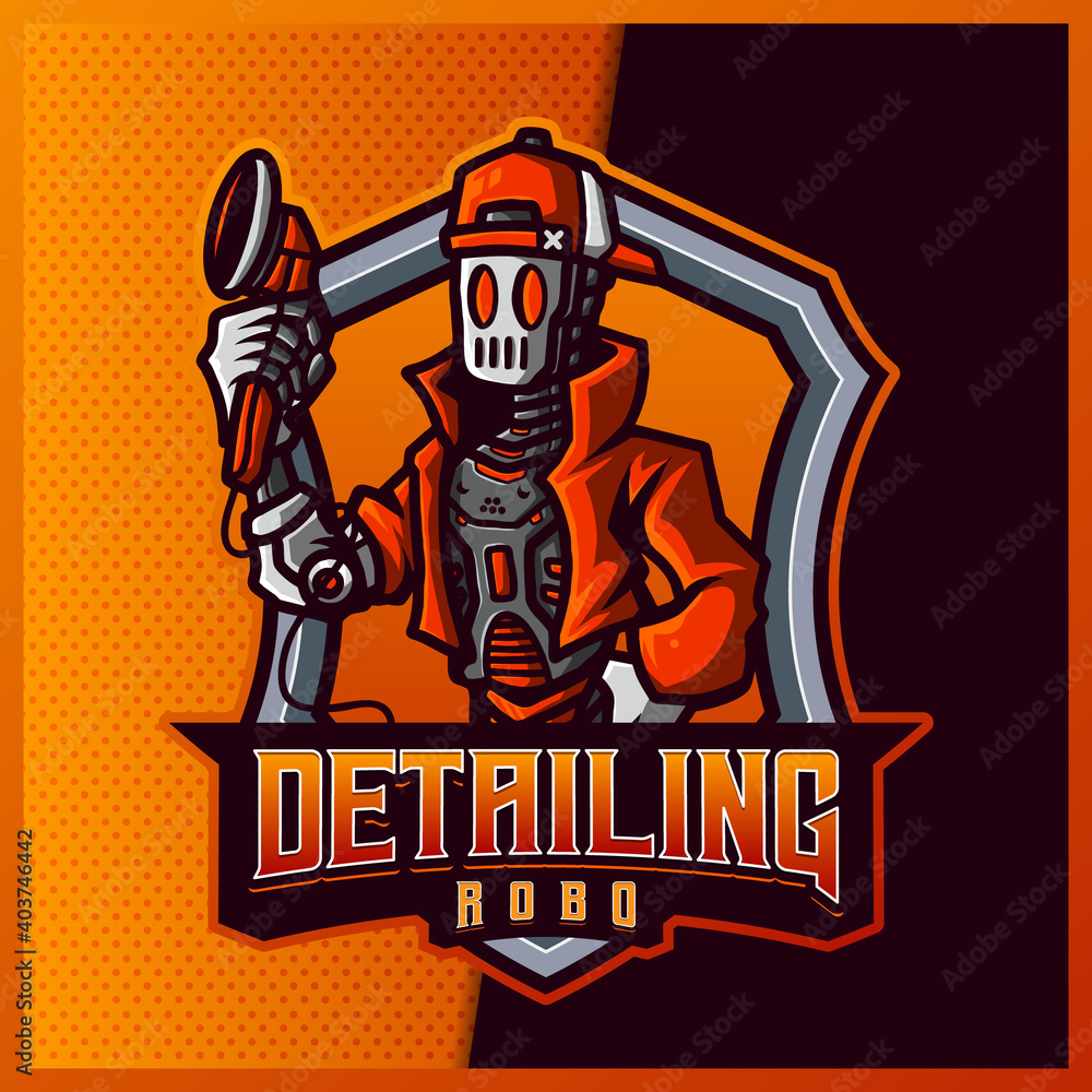 Detailing Robot esport and sport mascot logo design with modern illustration concept for team, badge, emblem and t-shirt printing. Car mechanic illustration on isolated background. Premium Vector