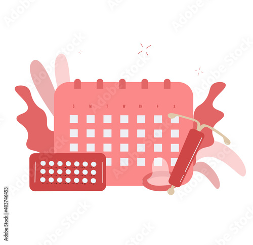 Birth control calendar, condom, pills, and IUD.