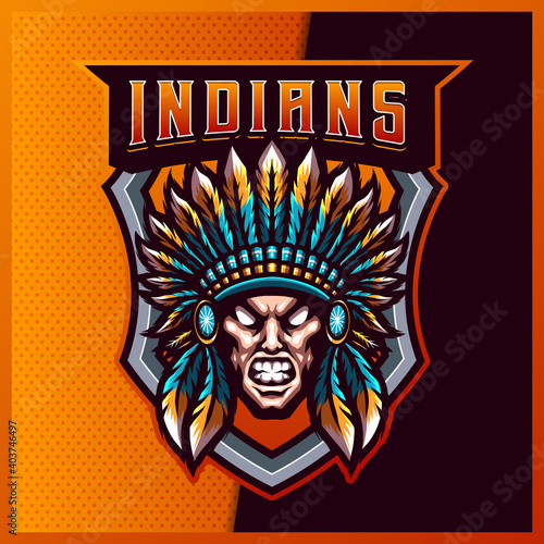 Indian Chief esport and sport mascot logo design with modern illustration concept for team, badge, emblem and t-shirt printing. Apache illustration on isolated background. Premium Vector