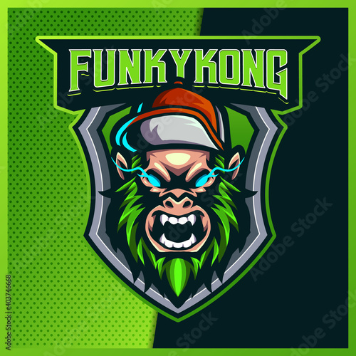 Funky Kingkong with hat esport and sport mascot logo design with modern illustration concept for team, badge, emblem and t-shirt printing. Monkey illustration on isolated background. Premium Vector