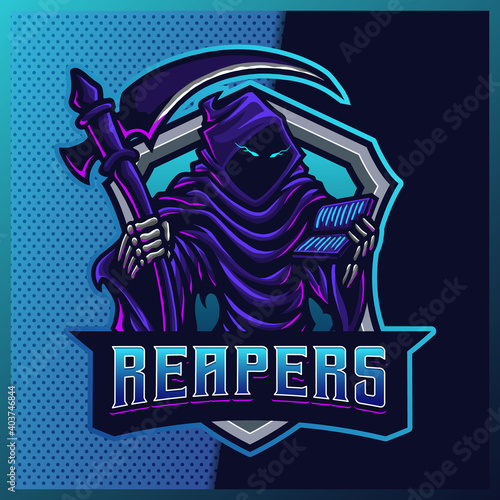 Hood Reaper glow blue color esport and sport mascot logo design with modern illustration concept for team, badge, jersey and t-shirt printing. Grim illustration on isolated background. Premium Vector