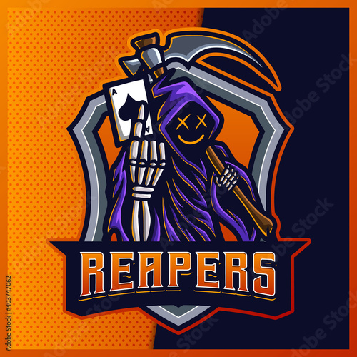 Hood Jack Reaper glow color esport and sport mascot logo design with modern illustration concept for jersey and t-shirt printing. Ace of Spades illustration on isolated background. Premium Vector
