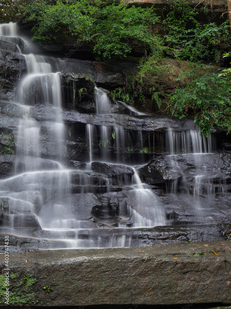 Rocky waterfall cascade with tree.