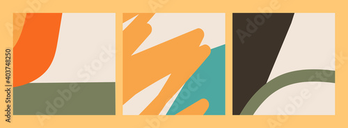 Trendy social media set of three abstract backgrounds with abstract organic shapes composition in contemporary collage minimal style, vector illustration.
