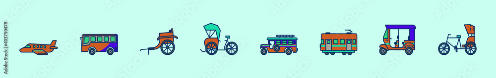 set of public transportation cartoon icon design template with various models. vector illustration isolated on blue background set of public transportation cartoon icon design template with various models. vector illustration isolated on blue background
