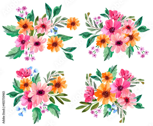 Pink and Orange Watercolor Floral Arrangement Vector Collection