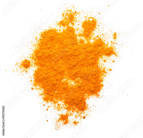 Yellow turmeric powder on a white background