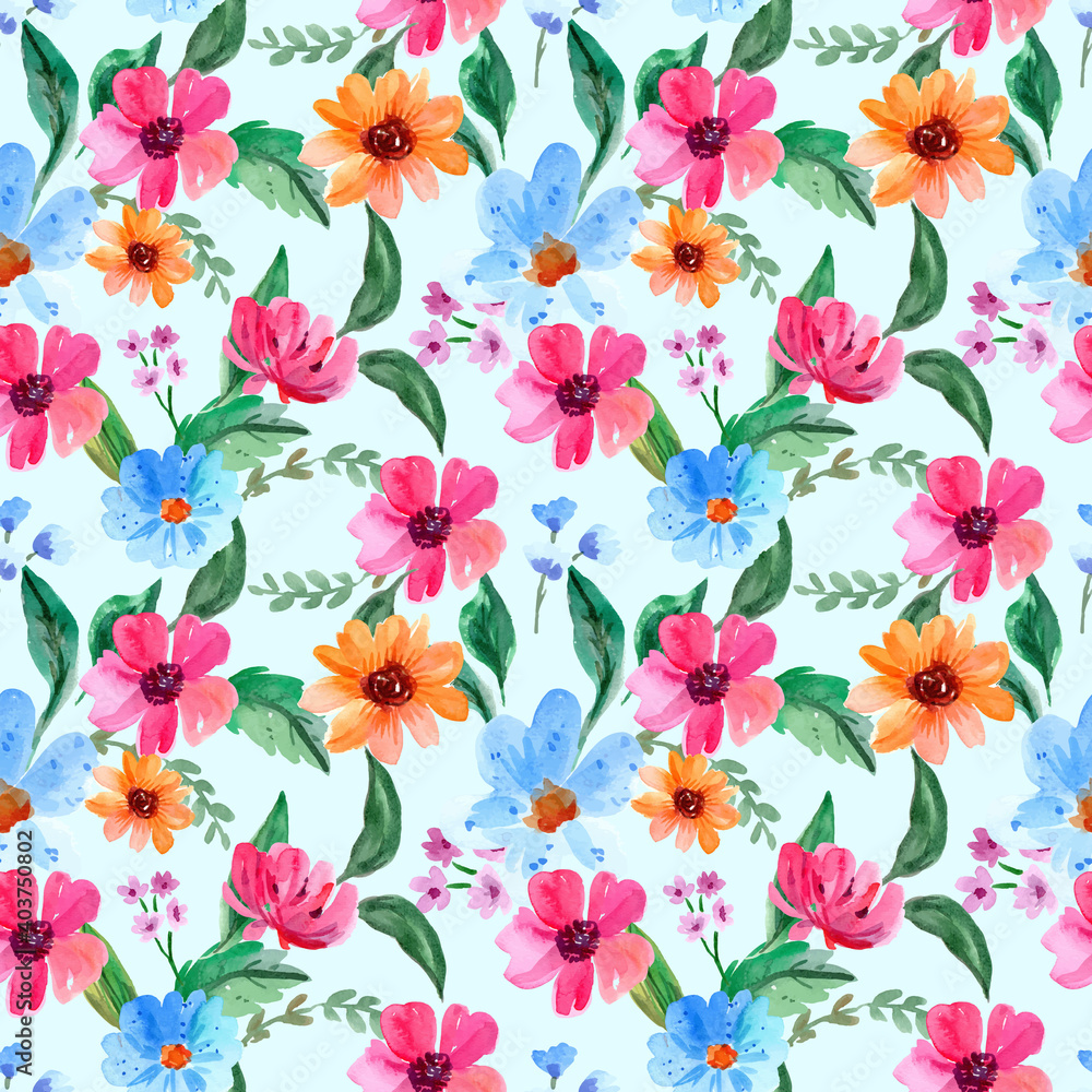 Seamless Watercolor Pattern with Pink and Blue Florals