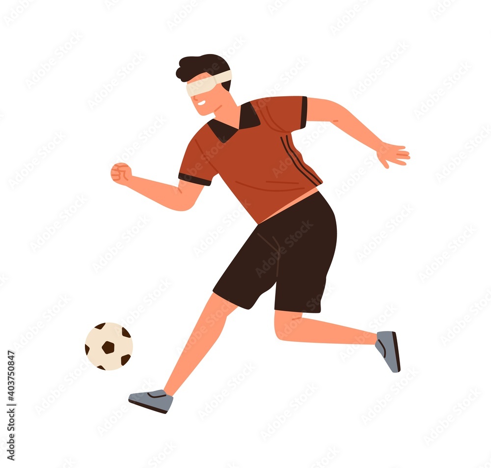 Disabled athlete, blind male soccer running kicking ball vector flat illustration. Paralympic sportsman football player performing sports activity isolated on white. Handicapped man with blindfold