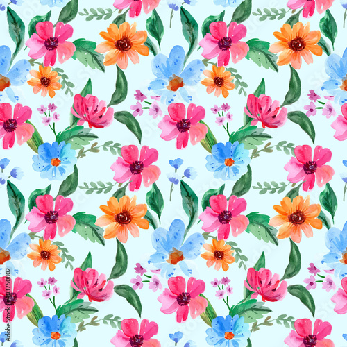 Seamless Watercolor Pattern with Pink and Blue Florals