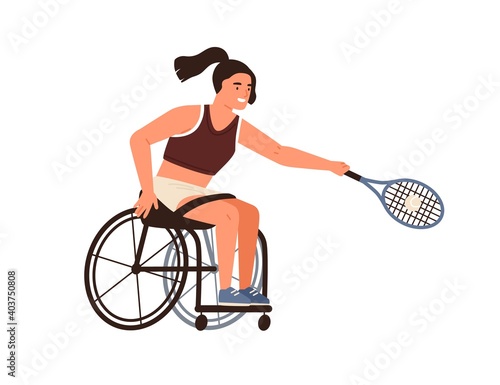 Paralympic female athlete playing tennis sitting in wheelchair vector flat illustration. Disabled sportswoman hold racket hitting ball isolated. Handicapped woman with paralyzed limbs doing sports