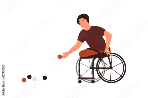 Disabled male playing petanque sitting in wheelchair vector flat illustration. Paralympic athlete with amputated legs throwing ball isolated on white. Handicapped man performing boules sports training