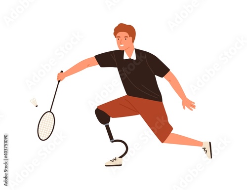 Paralympic male athlete playing badminton vector flat illustration. Disabled man with prosthetic leg holding racket hitting on shuttlecock isolated. Handicapped guy performing sports activity