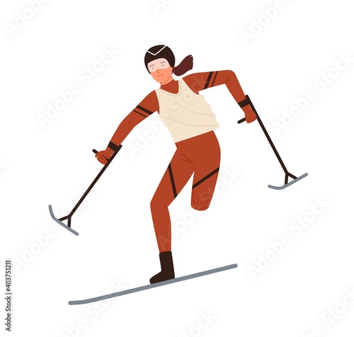 Disabled woman skier with amputated leg vector flat illustration. Paralympic female athlete skiing or performing winter sports activity isolated. Sportswoman in protective helmet take part in ski race