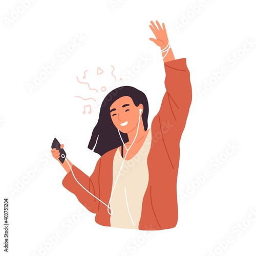 Happy woman in earphones dancing and listening to music vector flat illustration. Smiling female character having fun enjoying audio sound, use mp3 player or smartphone isolated on white