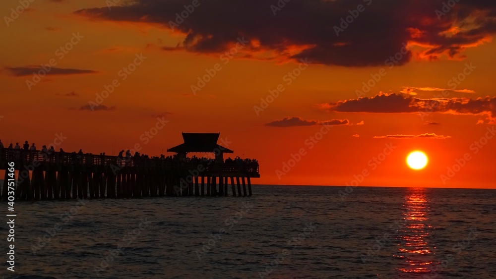 North America, United States, Florida, Collier County, sunset over Naples Pier