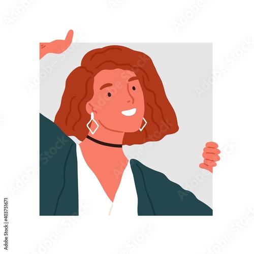 Funny woman in trendy accessories peeping into squared frame vector flat illustration. Happy female peeking, watching or looking isolated. Adorable curious person posing with happy facial expression