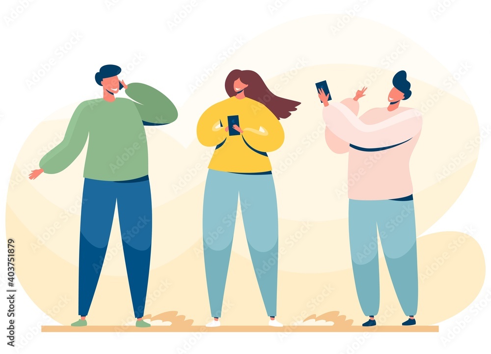 Fototapeta premium Happy people use telephones. A girl and a man are talking on the phone, the guy is taking a selfie. Flat vector illustration.