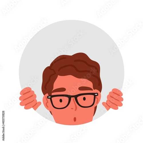Surprised male teenager in glasses peeping through circle hole vector flat illustration. Amazed curious man watching into rounded frame isolated on white. Shocked man searching or seeking something