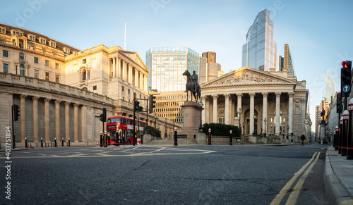 Panoramic view of the Bank of England and the Royal Exchange building in the City of London photo