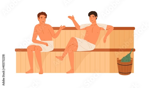 Two male friends talking and relaxing at sauna or banya vector flat illustration. Men wrapped in towels sitting on wooden bench in steam room isolated on white. People resting at vapor bath together