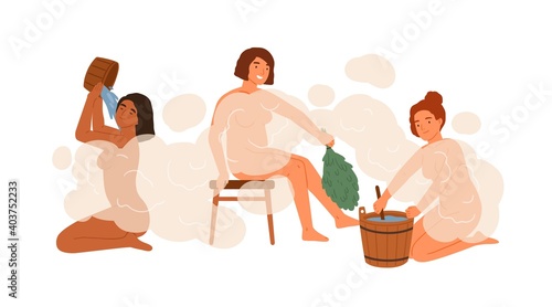 Group of woman in public bathhouse or banya full of hot steam vector flat illustration. Happy female washing their bodies and holding brooms and buckets isolated. People during bathing