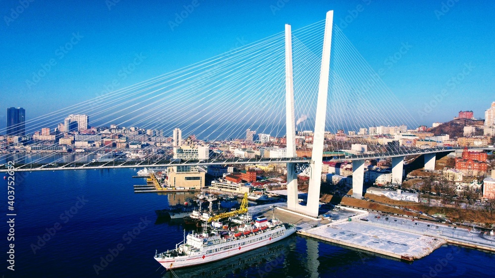 A ship passes under the bridge in Vladivostok