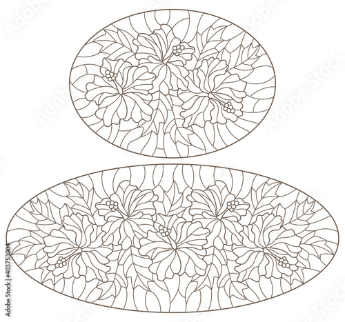 Set of contour illustrations in stained glass style with hibiscus flowers and leaves  dark outlines on a white background  oval images