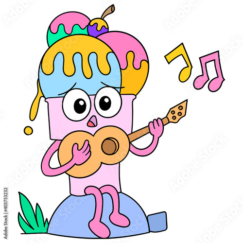 ice cream cartoon playing music on guitar, doodle icon image