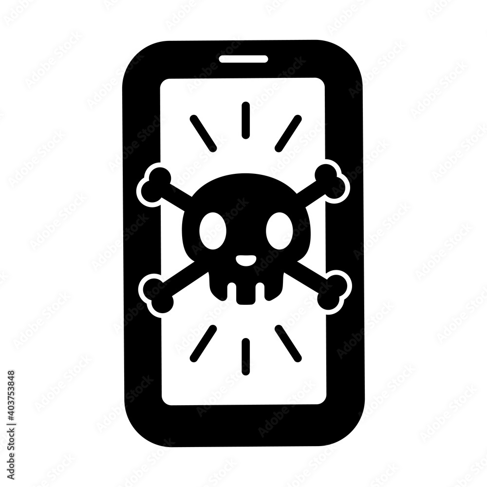 ドクロが表示されたスマートフォンのシンプルな白黒イラスト ドクロが表示されたスマートフォンのシンプルな白黒イラスト