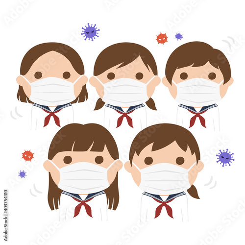 マスクをつけた女子生徒のイラスト。密集している女の子たち。