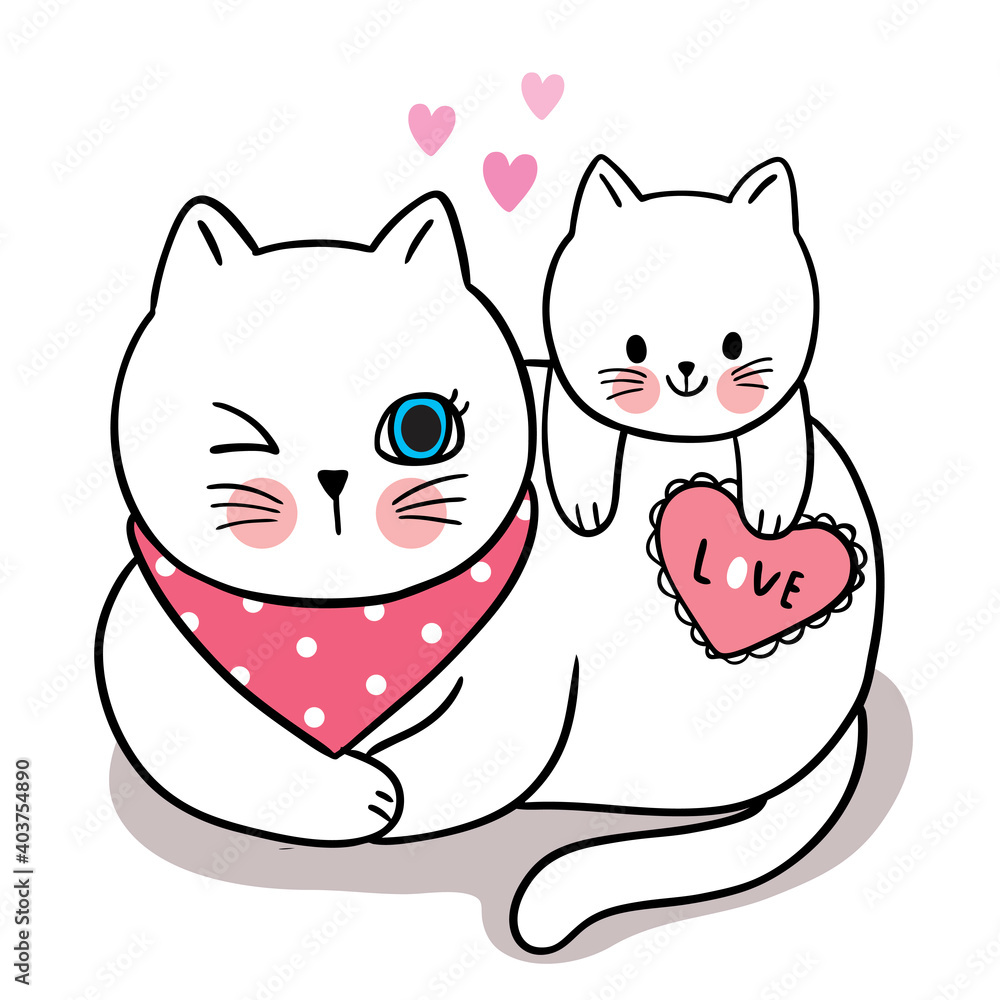 Hand draw cartoon cute Valentine day, Mom and baby cat and heart vector.  Stock Vector | Adobe Stock
