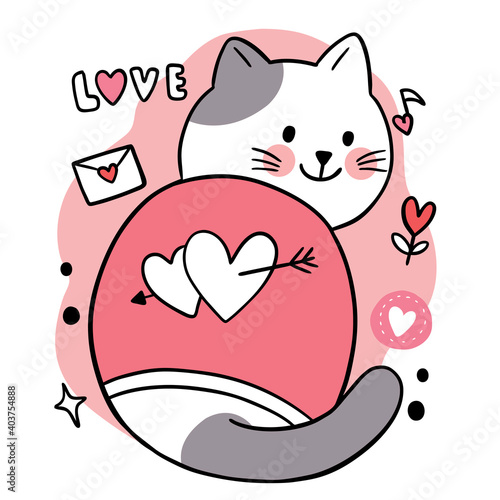 Hand draw cartoon cute Valentine day, Doodle cat and hearts vector